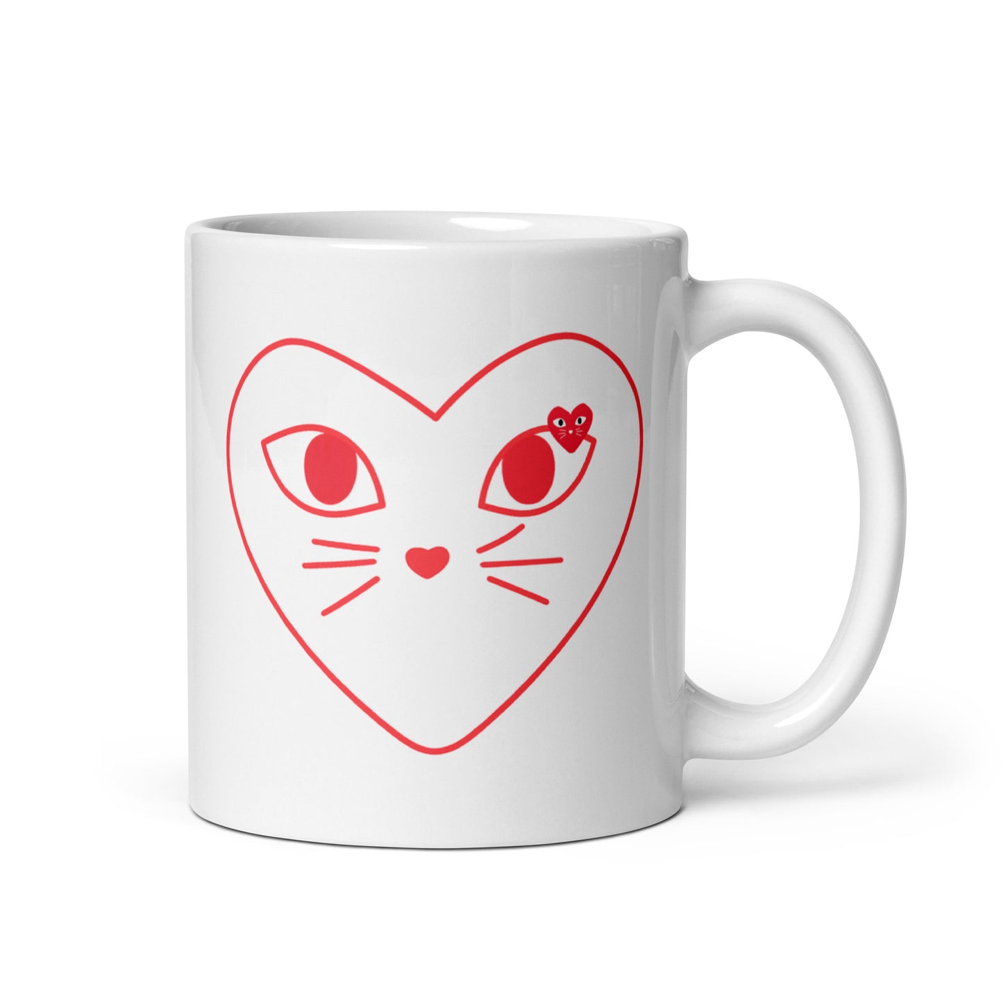 White mug with red heart-shaped cat face design on a white background