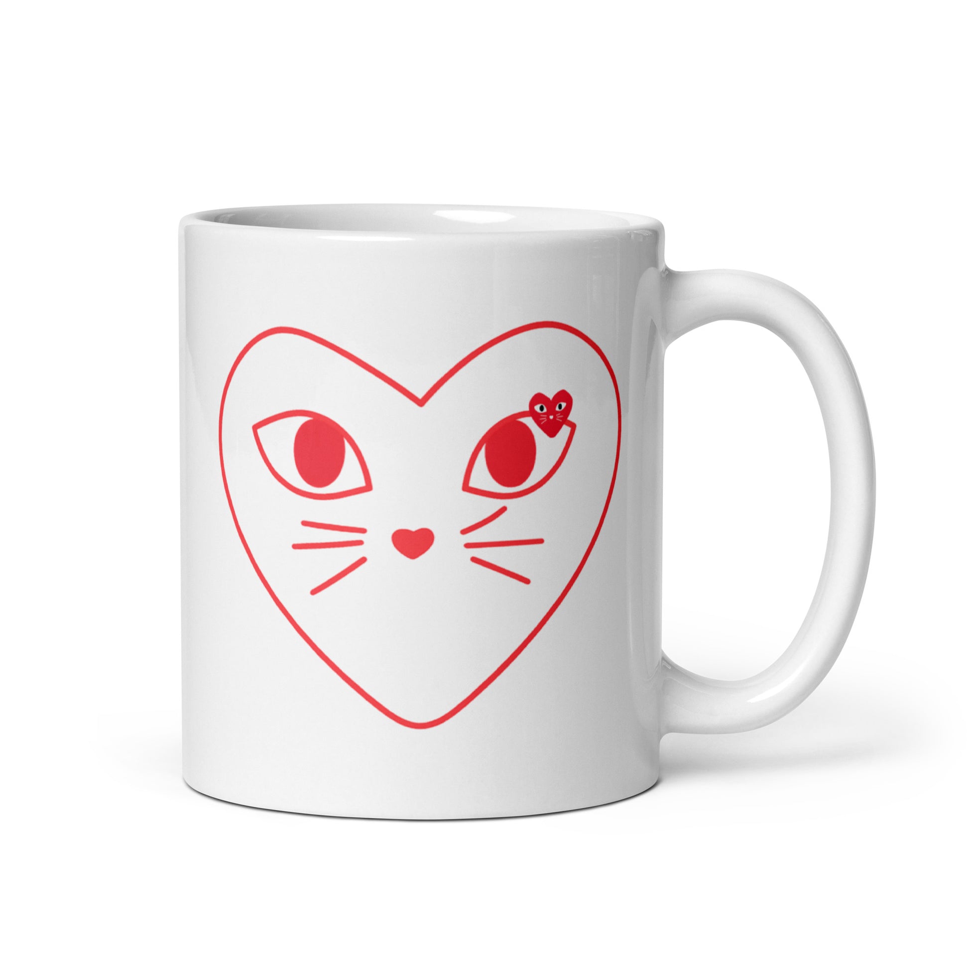 White mug with red heart-shaped cat face design on a white background