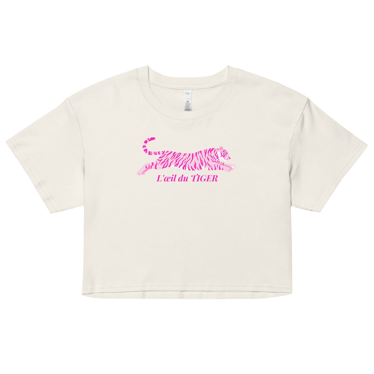 White crop top with pink tiger graphic and text on a white background
