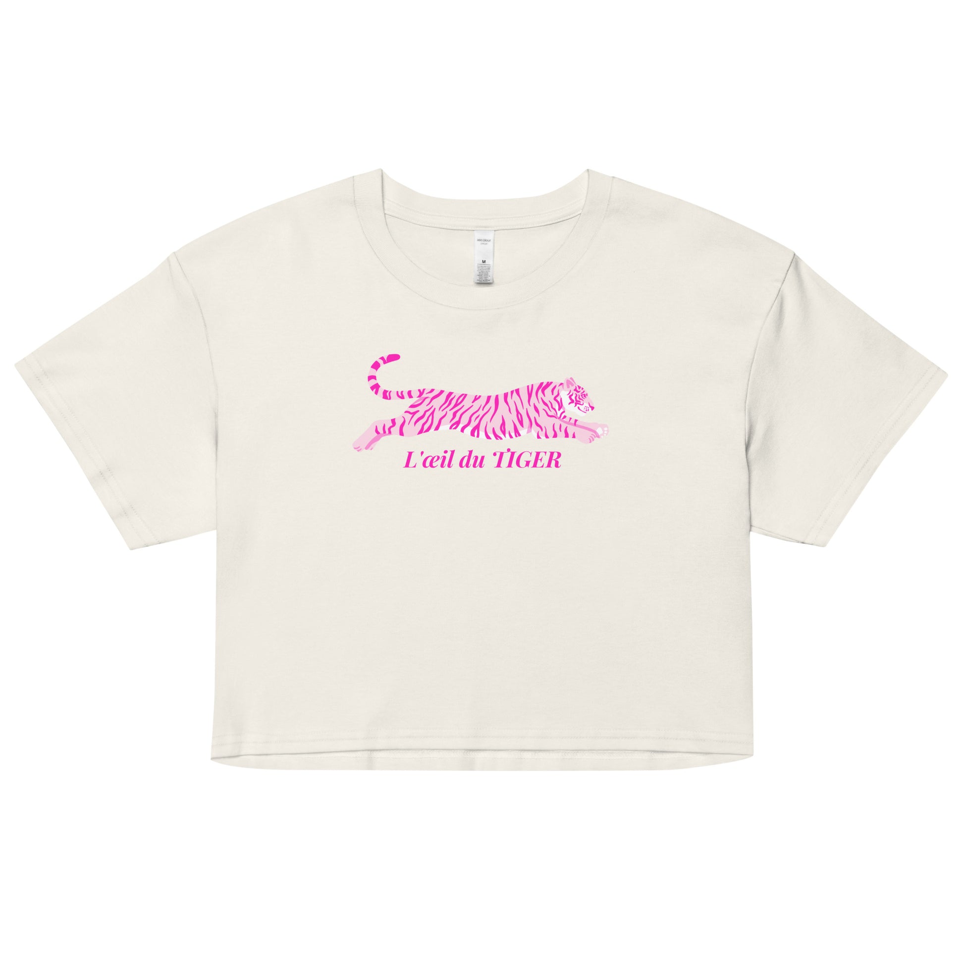 White crop top with pink tiger graphic and text on a white background