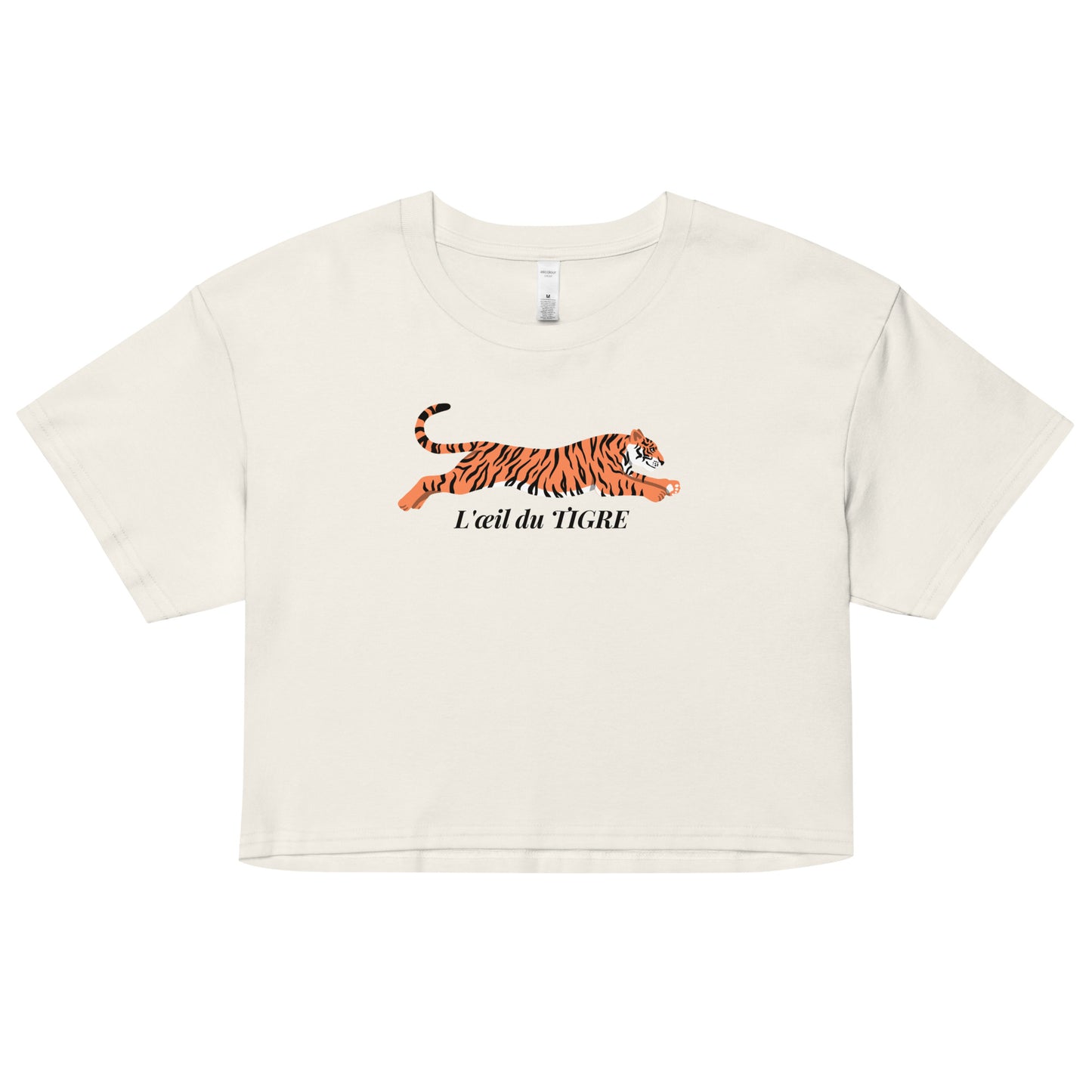 White crop top with a tiger graphic and text on a white background