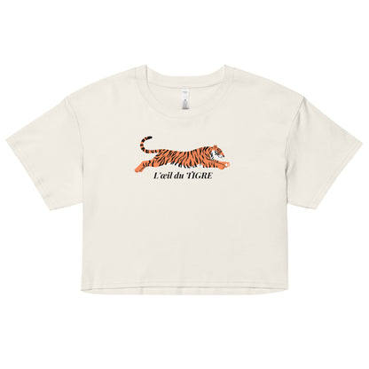 White crop top with a tiger graphic and text on a white background