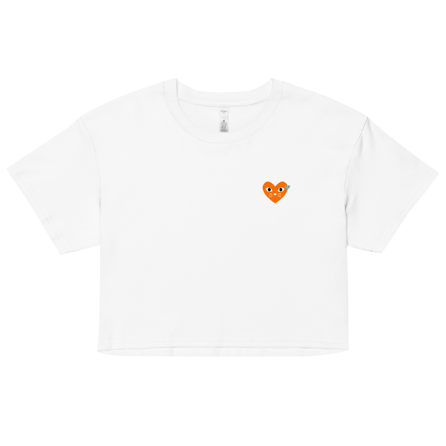 White t-shirt with a small orange logo on a white background