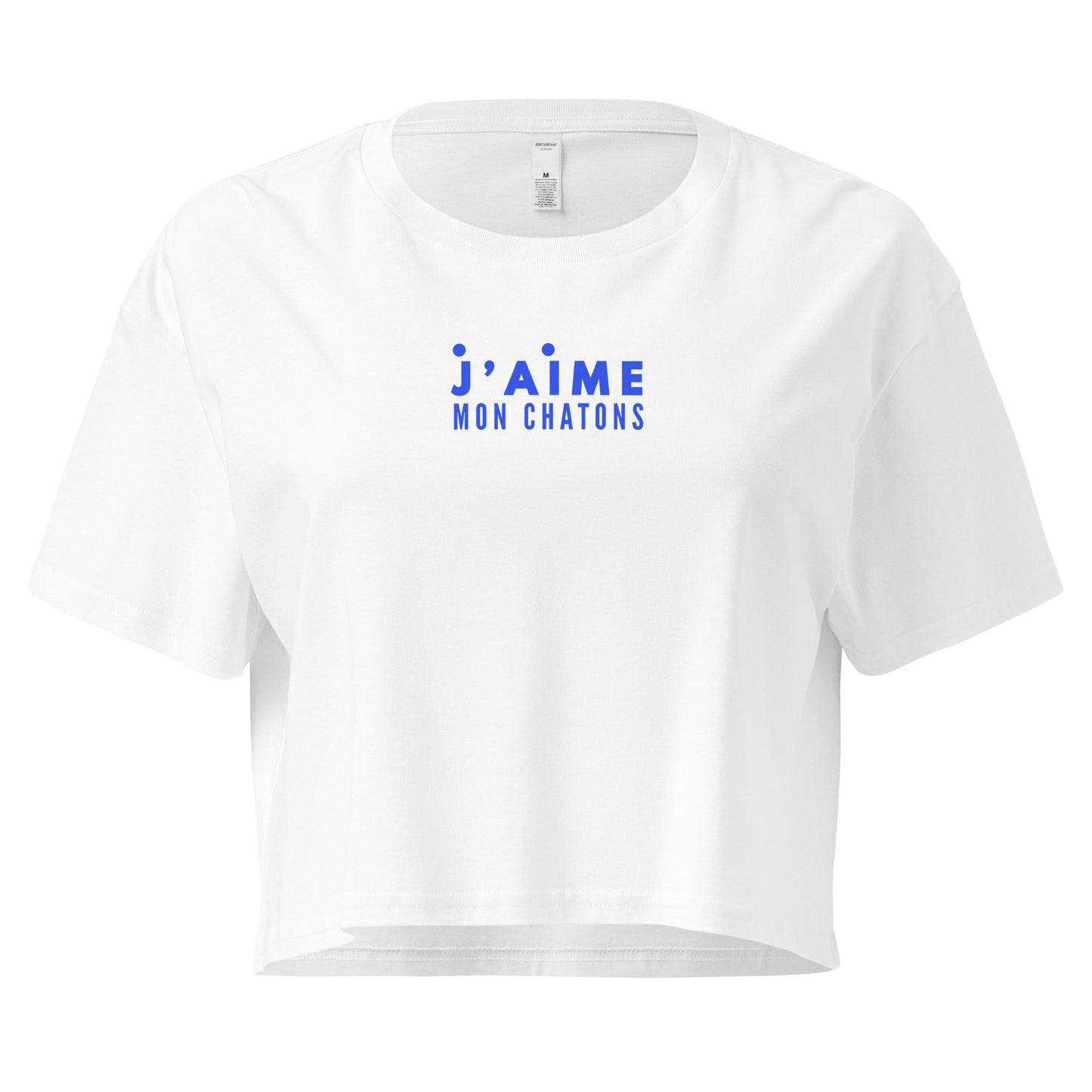 White crop top with blue text on a white background