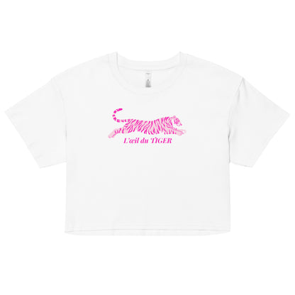 White t-shirt with pink tiger graphic and text on a white background