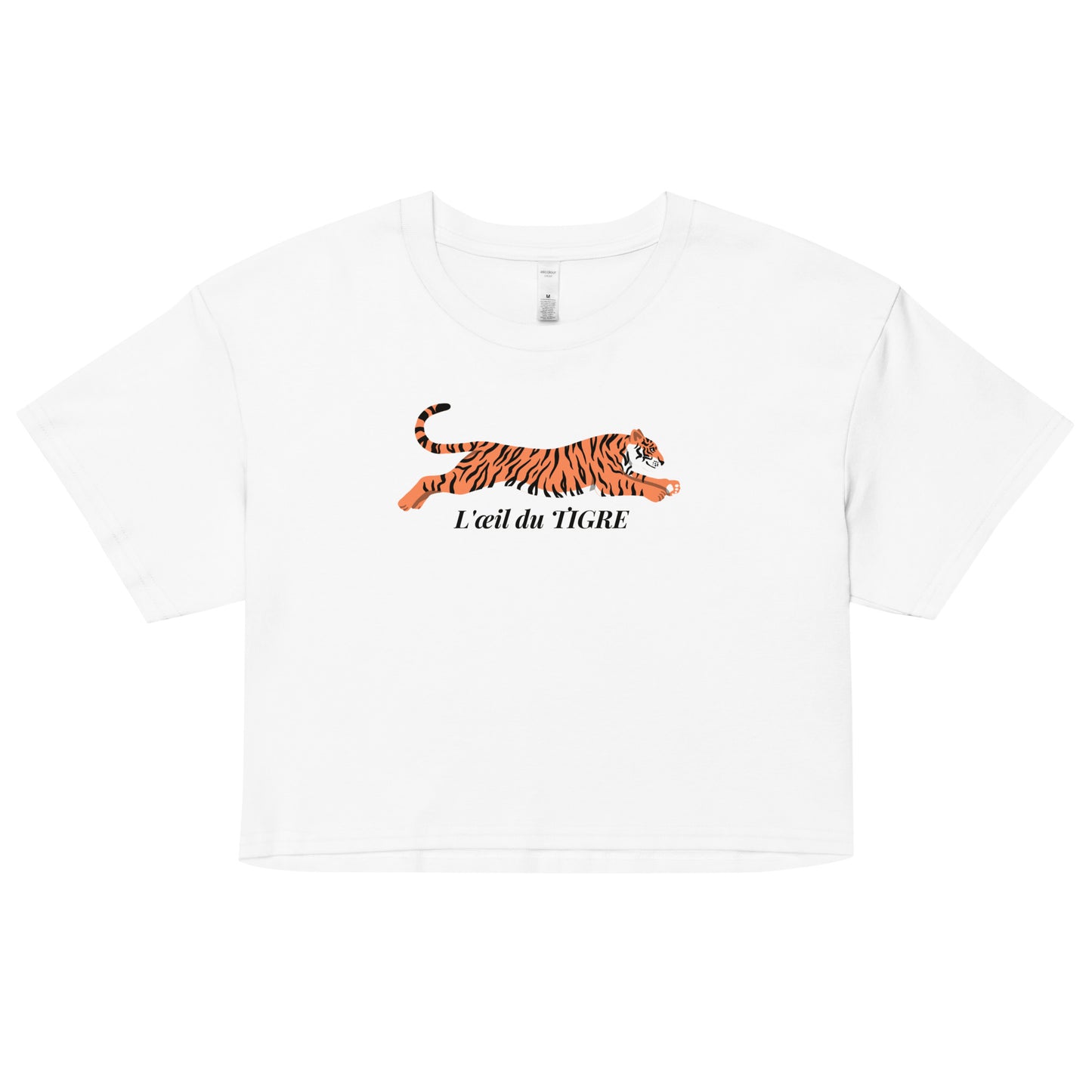 White t-shirt with a tiger graphic and text on a white background