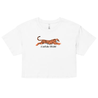 White t-shirt with a tiger graphic and text on a white background