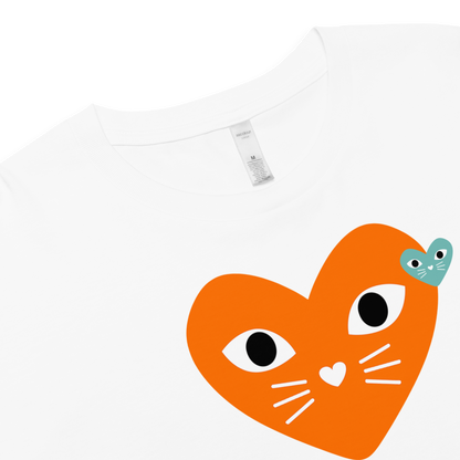 White t-shirt with an orange heart-shaped cat face design on a white background