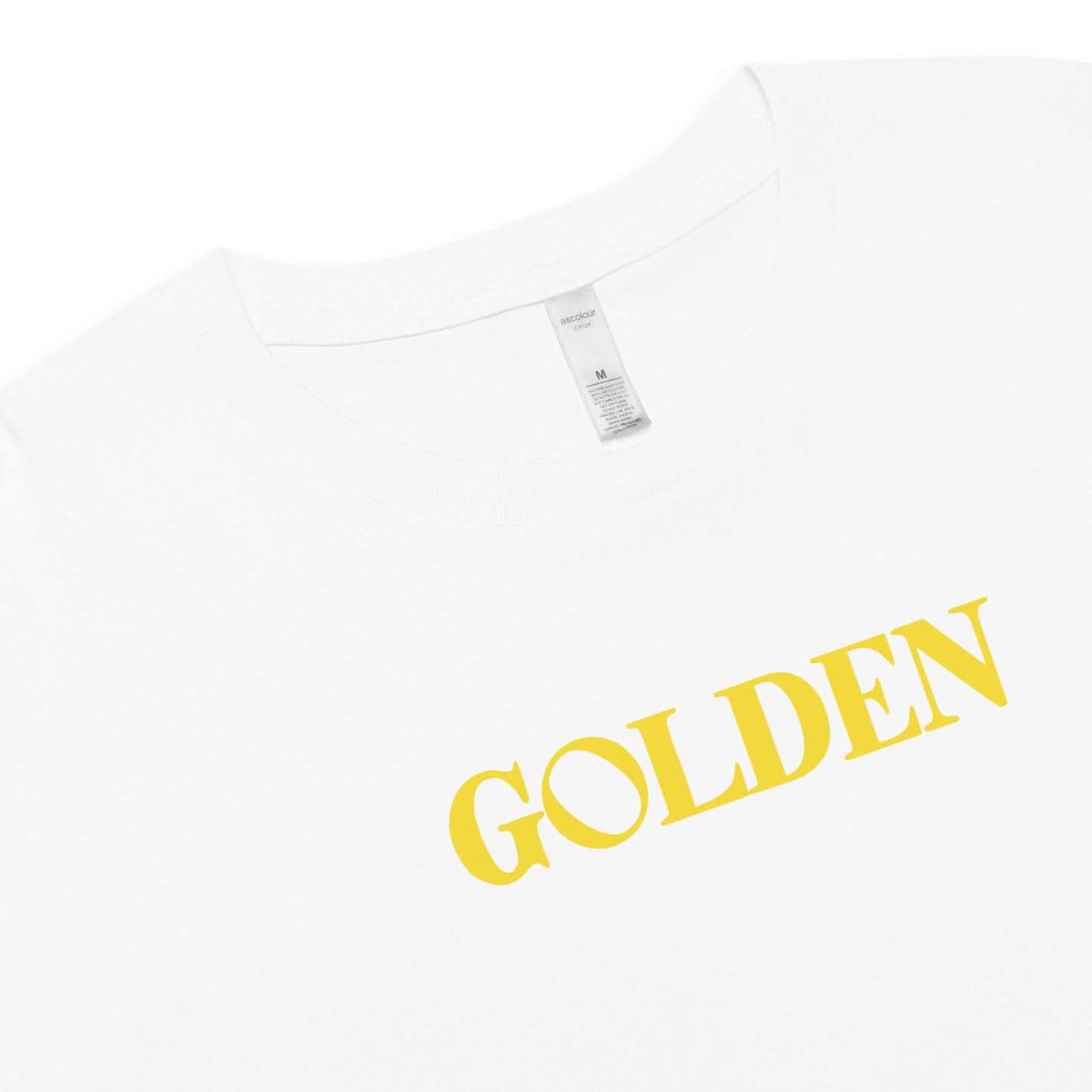 White t-shirt with 'GOLDEN' printed in yellow on a white background