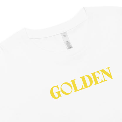 White t-shirt with 'GOLDEN' printed in yellow on a white background