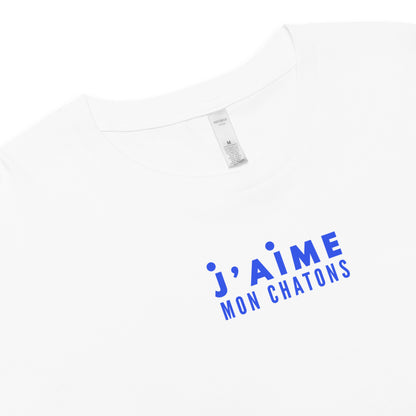 White t-shirt with blue text 'j'aime mon chatons' on a white background