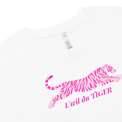 White t-shirt with pink tiger design and 'L'oeil du Tiger' text on a white background