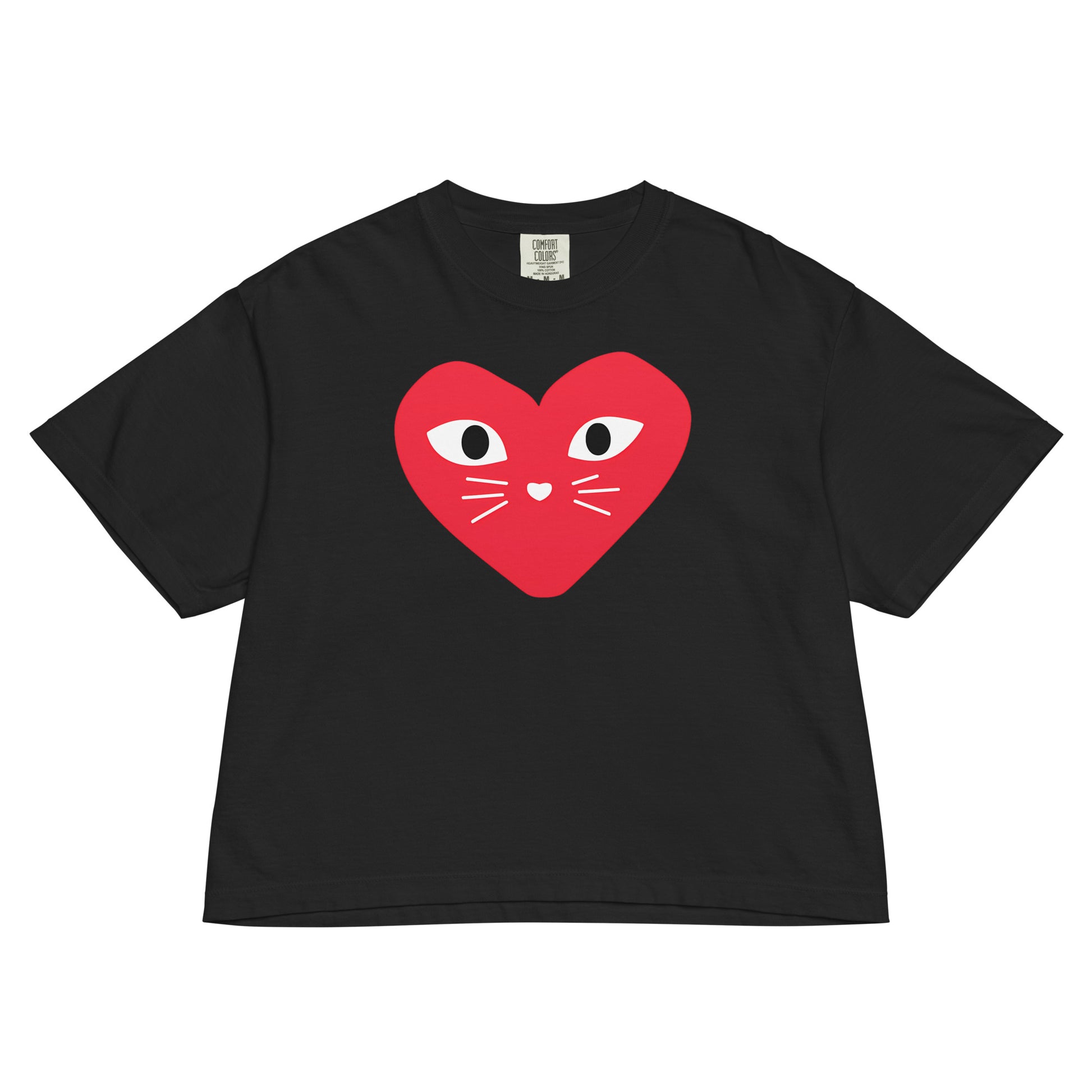Black t-shirt with a red heart design featuring cat ears and whiskers on a white background