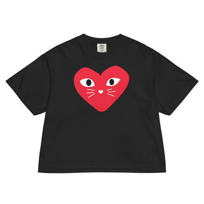 Black t-shirt with a red heart design featuring cat ears and whiskers on a white background