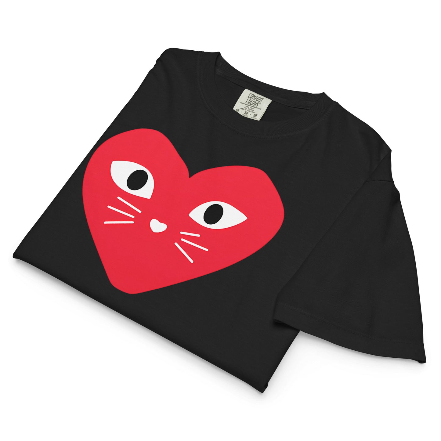 Black t-shirt with a red heart-shaped cat face design on a white background