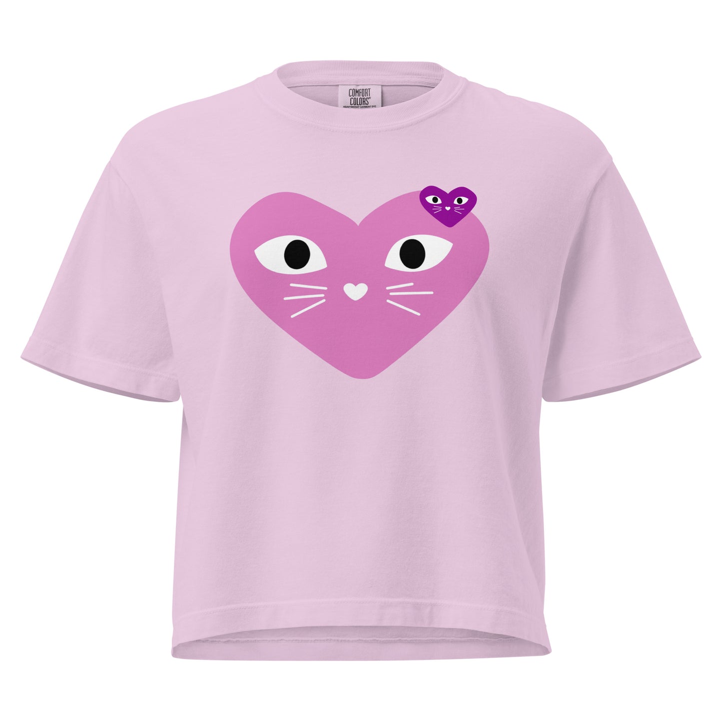 Pink t-shirt with a heart-shaped cat face design on a white background