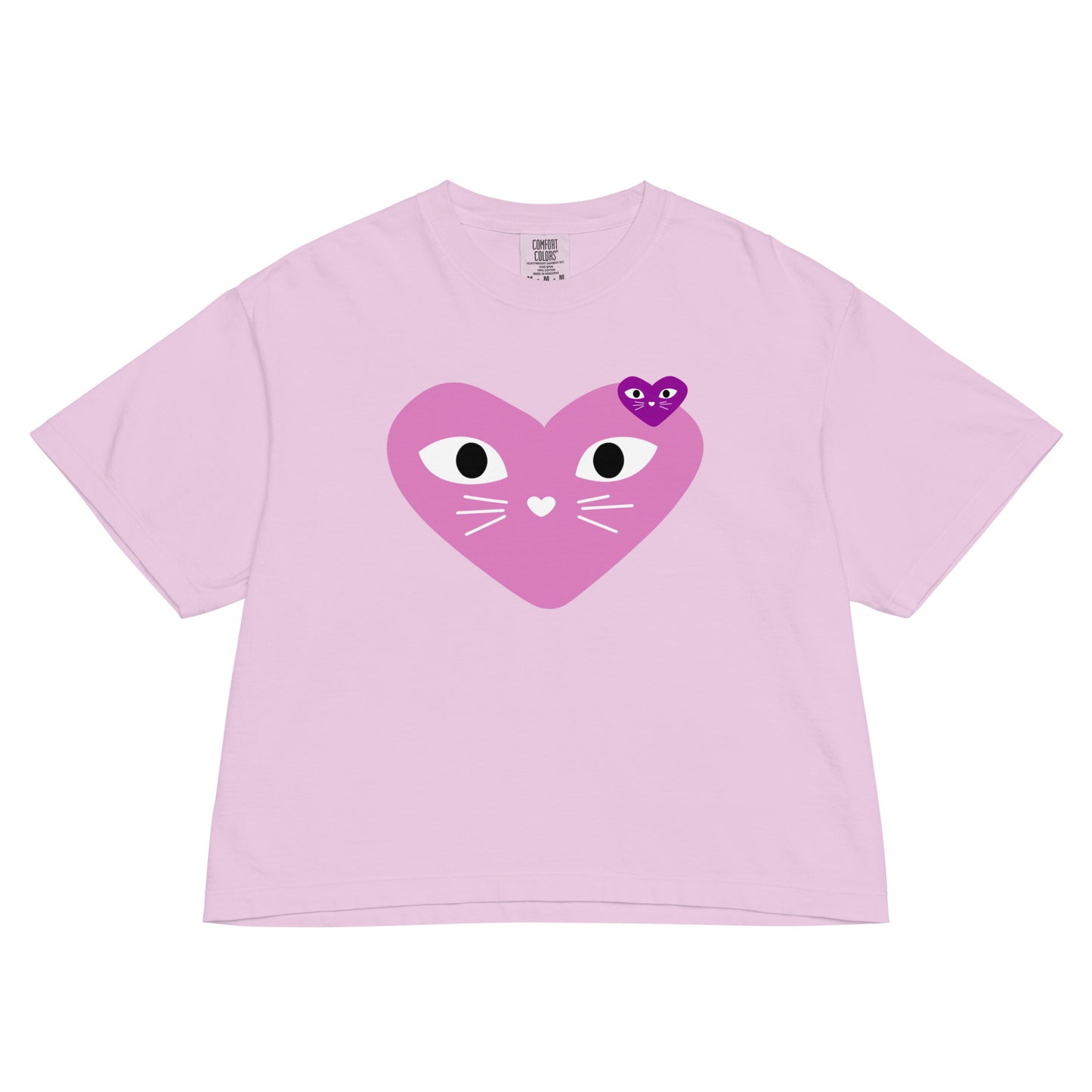 Pink t-shirt with a heart-shaped cat face design on a white background
