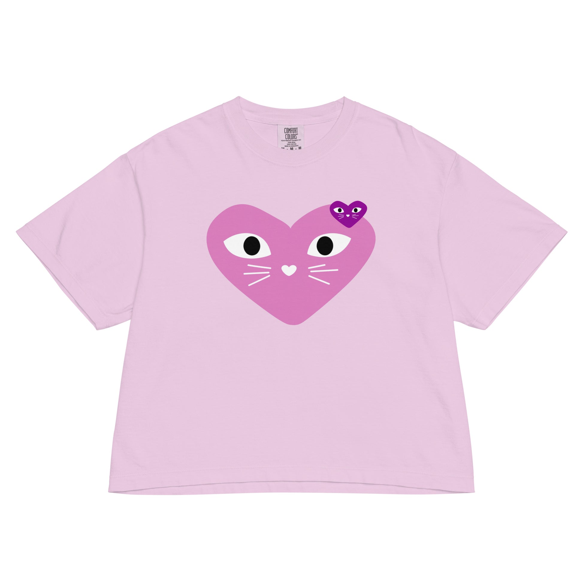 Pink t-shirt with a heart-shaped cat face design on a white background