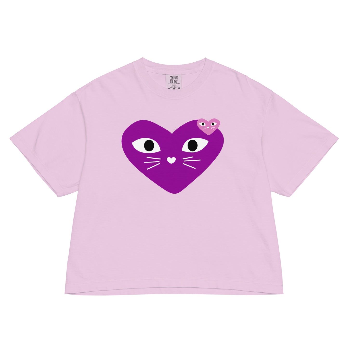 Pink t-shirt with a purple heart-shaped cat face design on a white background