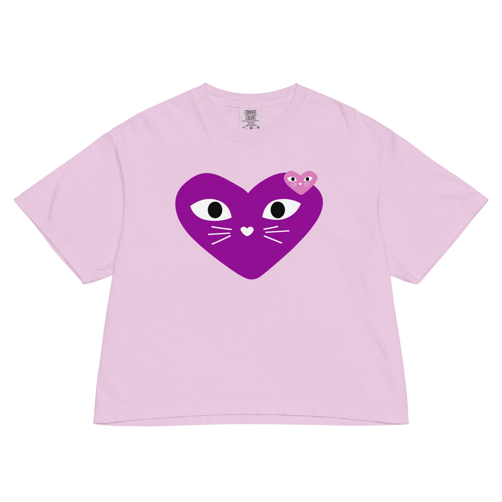 Pink t-shirt with a purple heart-shaped cat face design on a white background