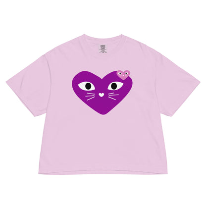 Pink t-shirt with a purple heart-shaped cat face design on a white background
