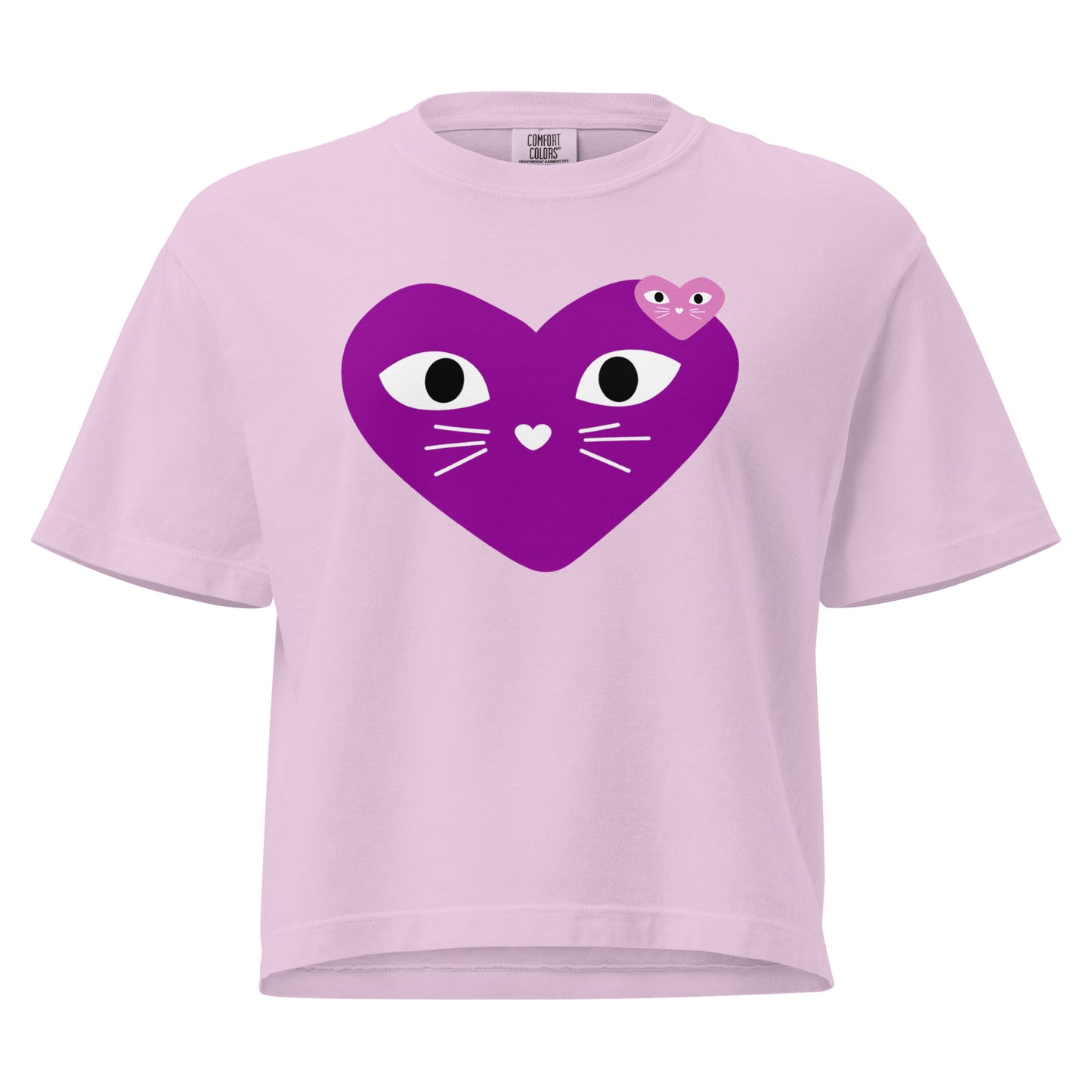 Pink t-shirt with a purple heart-shaped cat face design on a white background
