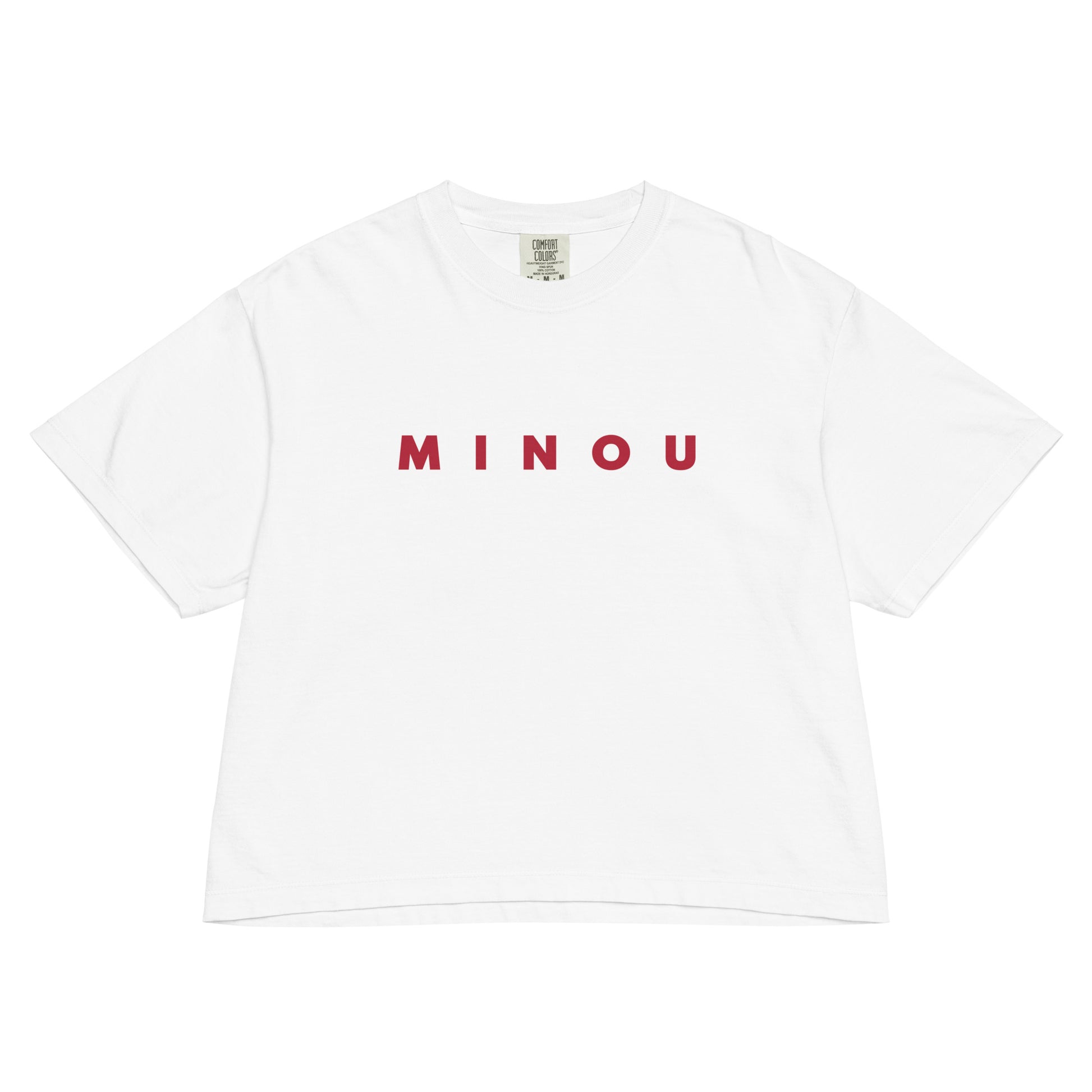 White t-shirt with 'MINOU' printed in red on a white background