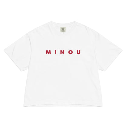 White t-shirt with 'MINOU' printed in red on a white background