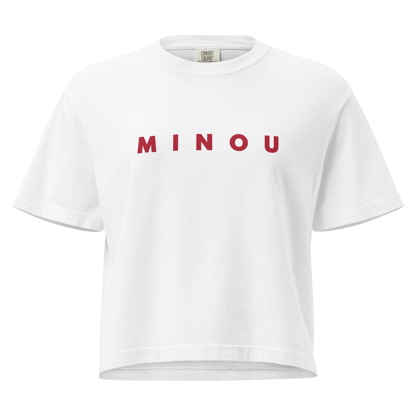 White t-shirt with 'MINOU' printed in red on a white background