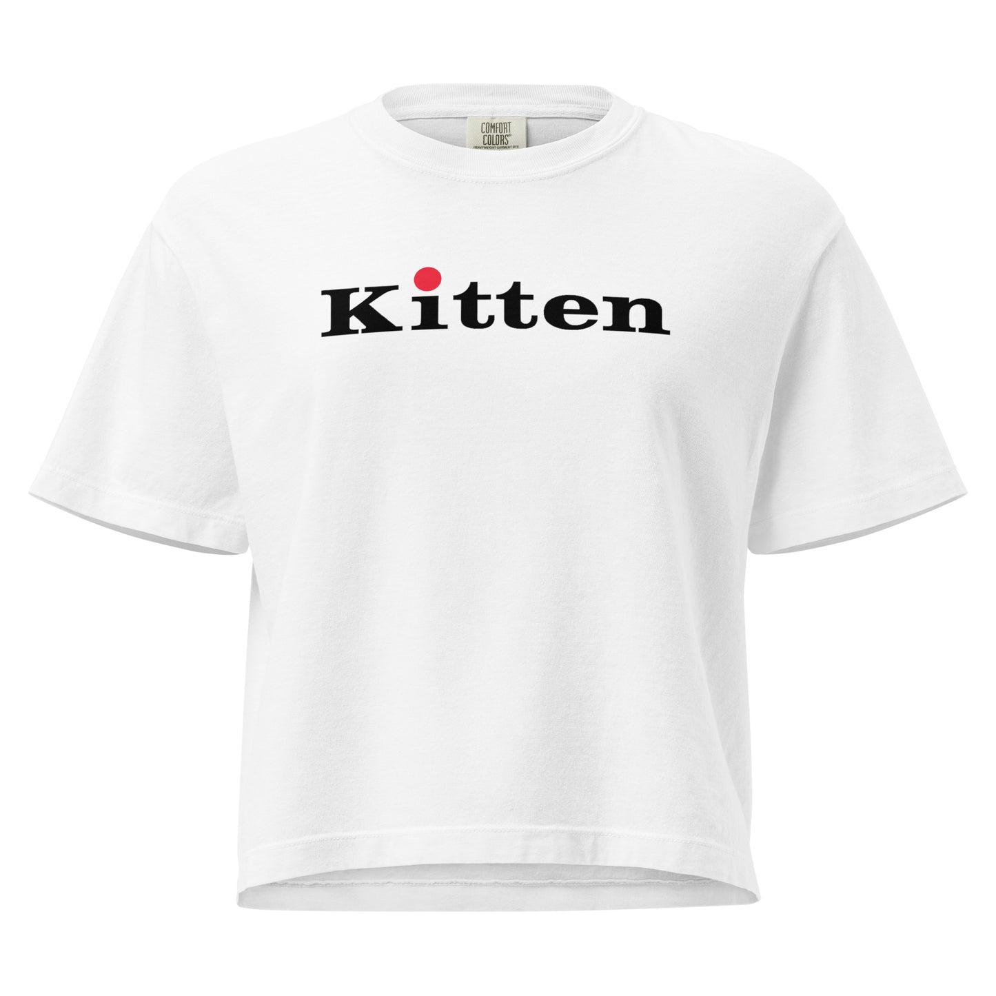 white tee Kitten logo in black and red