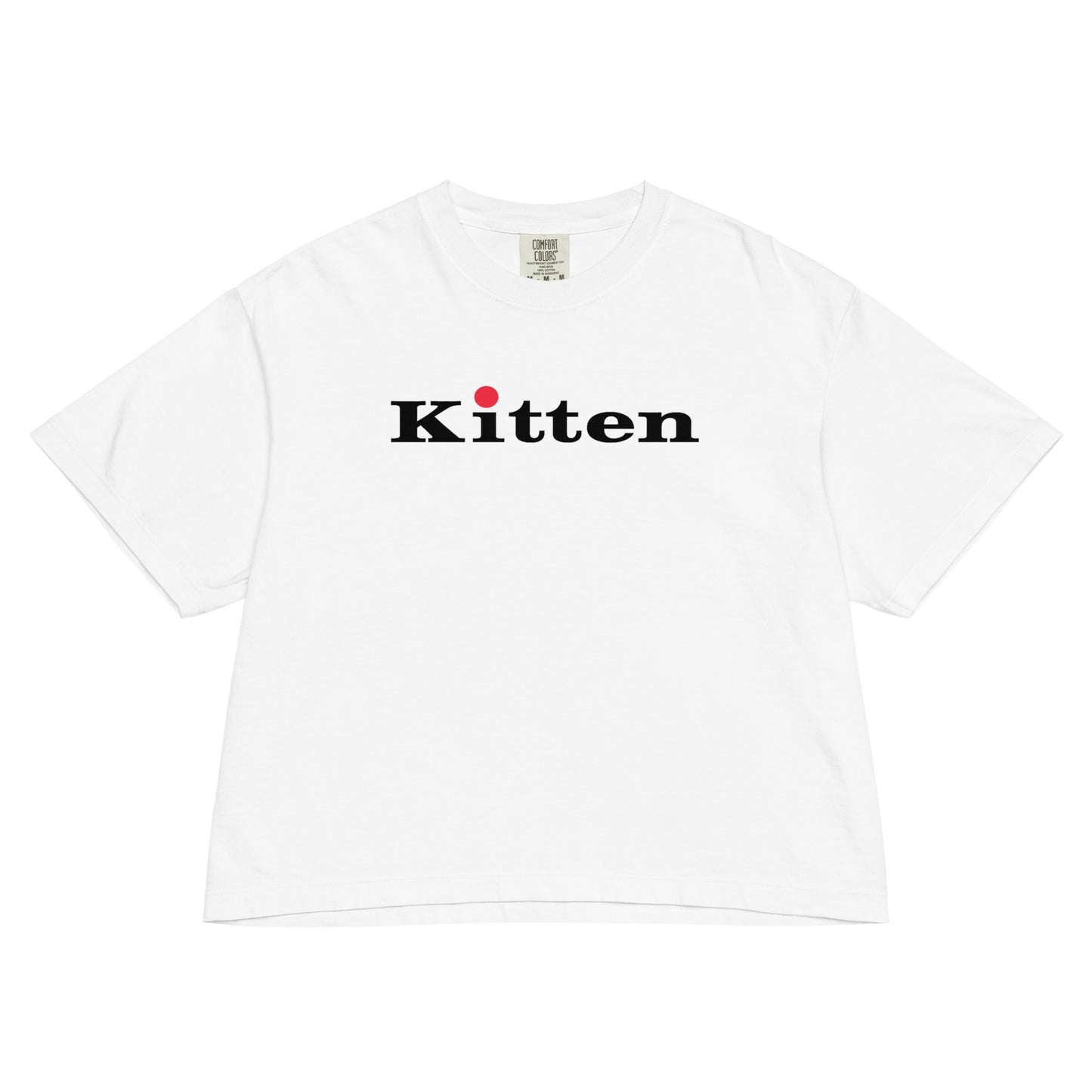 white tee Kitten logo in black and red