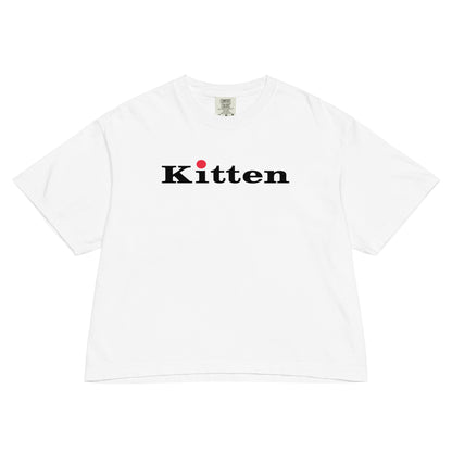 white tee Kitten logo in black and red