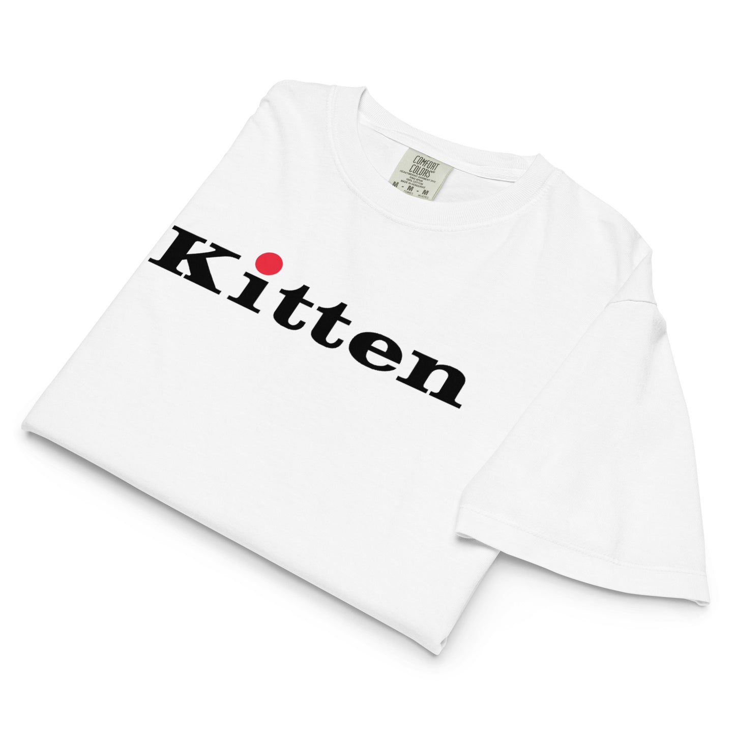 white tee Kitten logo in black and red