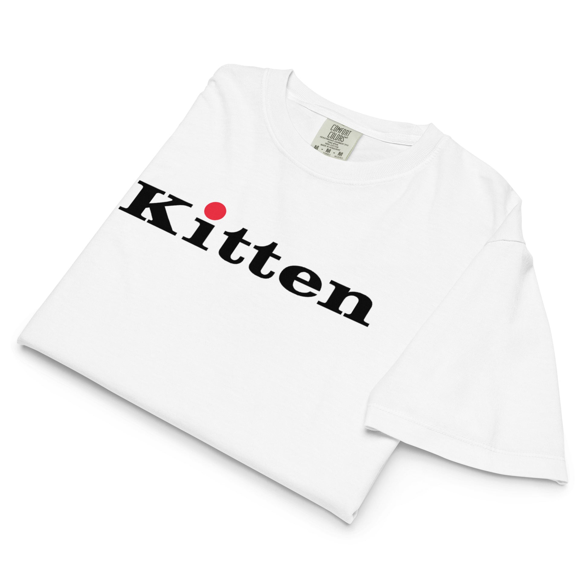 white tee Kitten logo in black and red