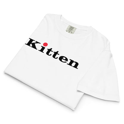 white tee Kitten logo in black and red