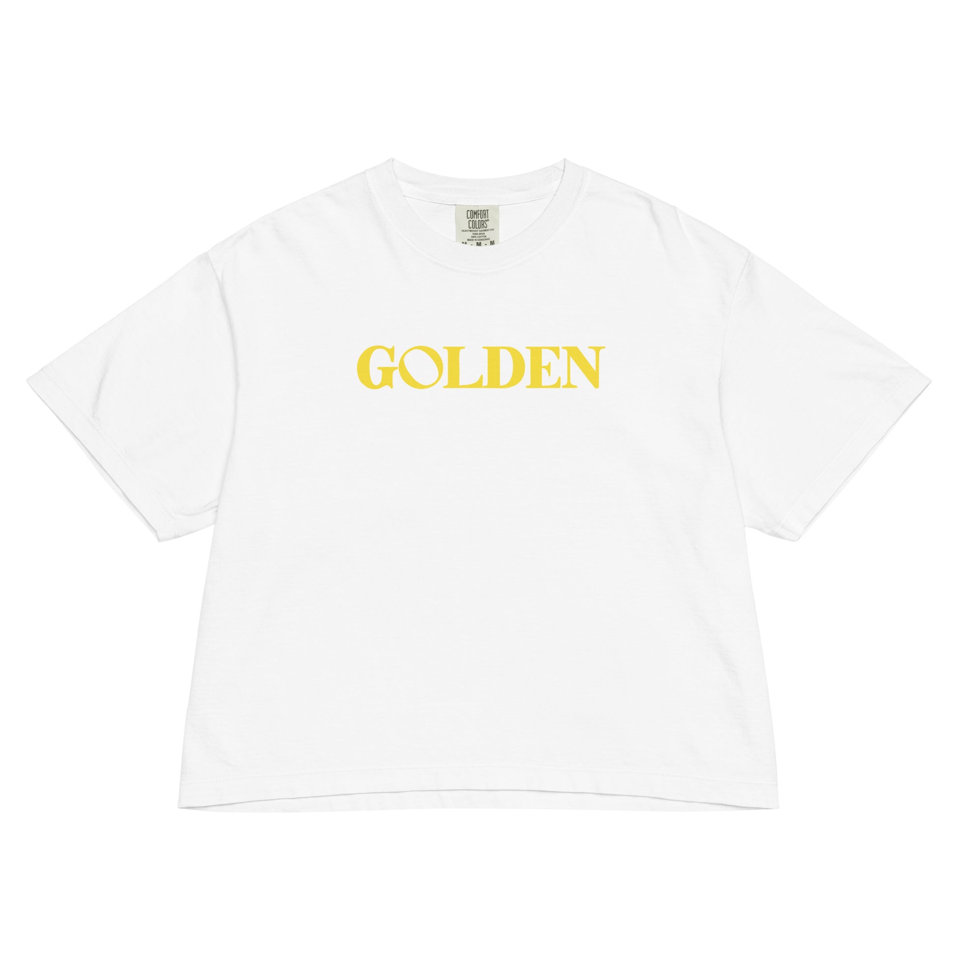 White t-shirt with 'GOLDEN' text in yellow on a white background