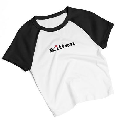 White t-shirt with black sleeves and 'Kitten' text on a white background
