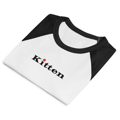 White and black baseball shirt with 'Kitten' text on a white background