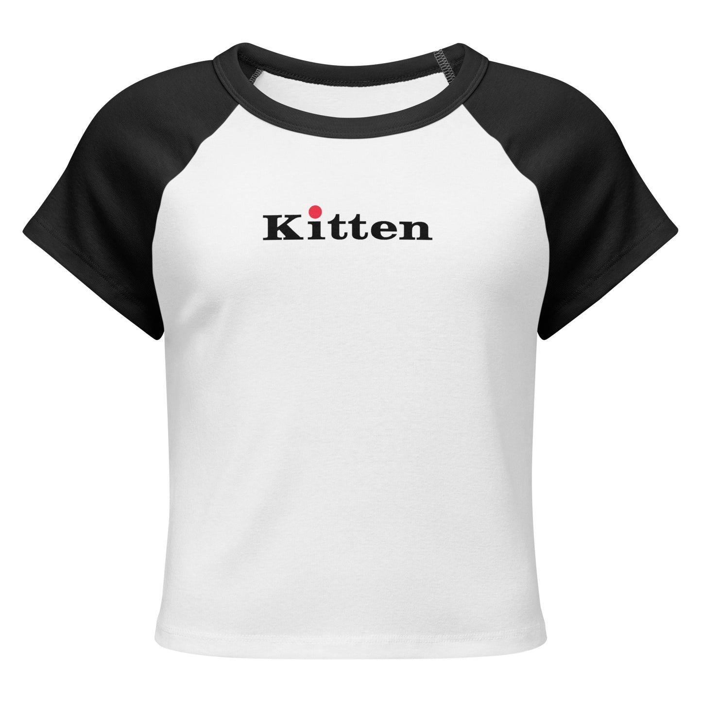 White t-shirt with black sleeves and 'Kitten' text on a white background