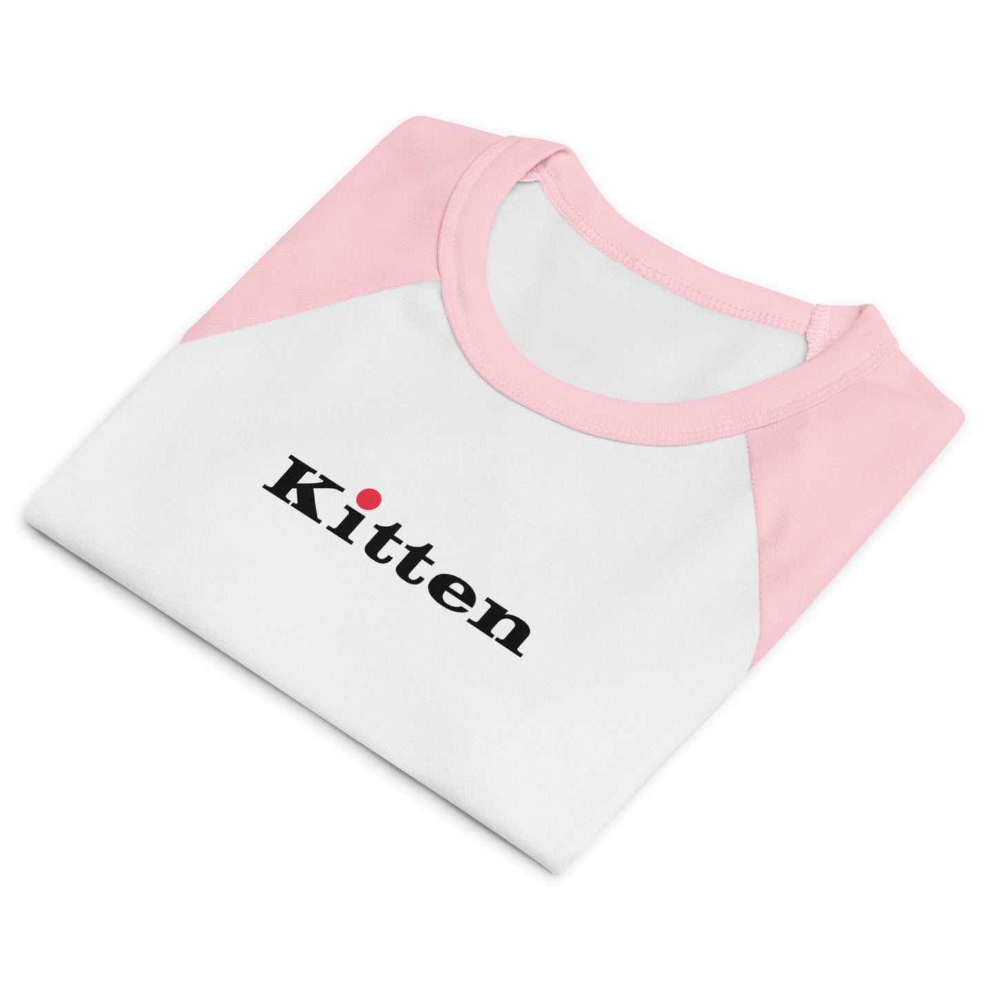 White shirt with pink sleeves and 'Kitten' text on a white background