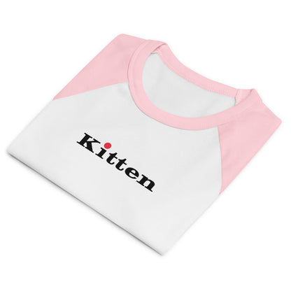 White shirt with pink sleeves and 'Kitten' text on a white background