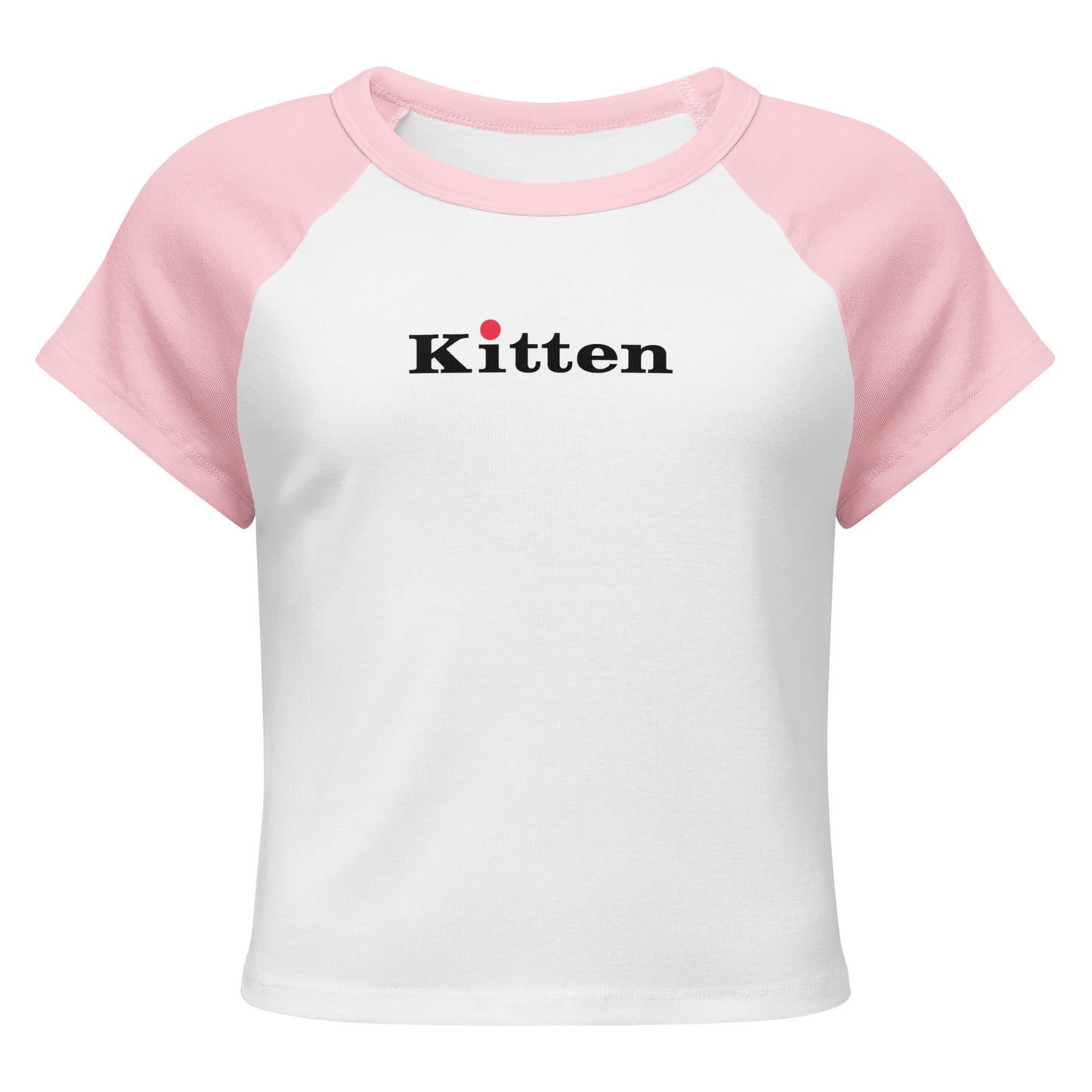White t-shirt with pink sleeves and 'Kitten' text on a white background