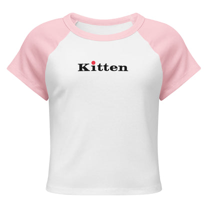 White t-shirt with pink sleeves and 'Kitten' text on a white background
