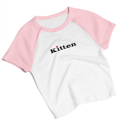 White t-shirt with pink sleeves and 'Kitten' text on a white background