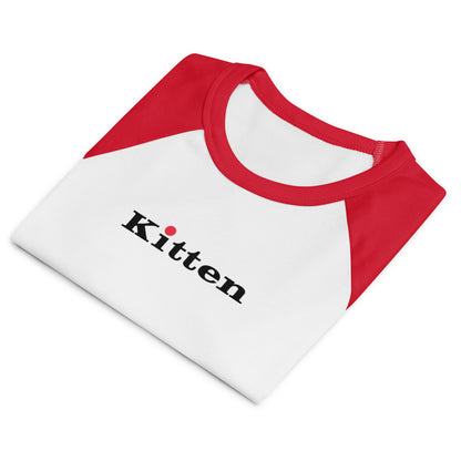 White tank top with red sleeves and 'Kitten' text on a white background