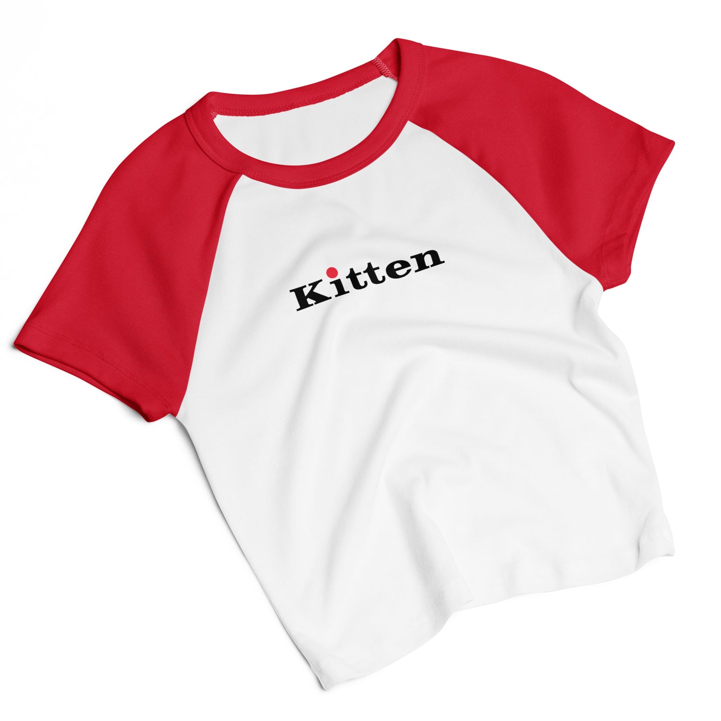 White t-shirt with red sleeves and 'Kitten' text on a white background