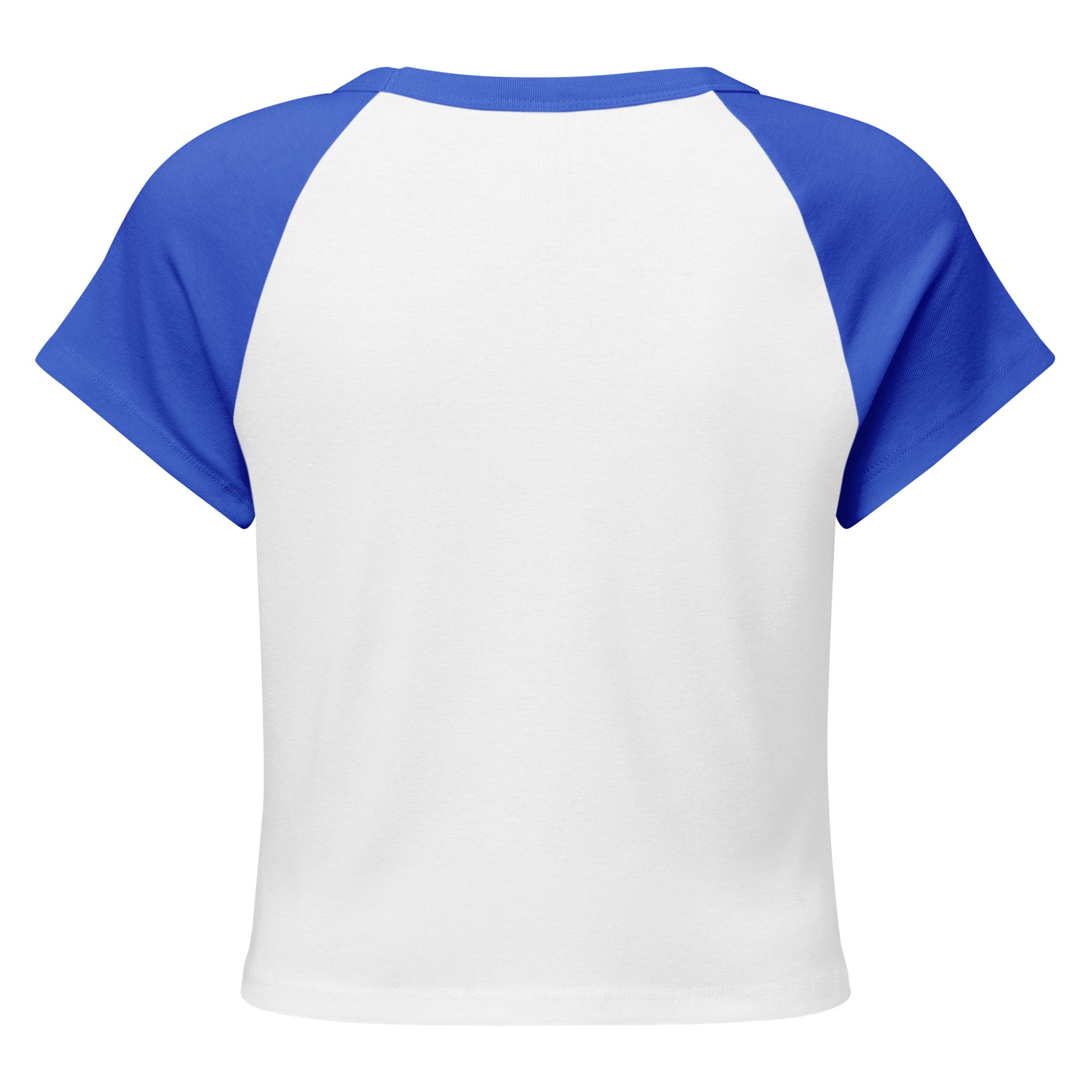 White t-shirt with blue sleeves on a white background