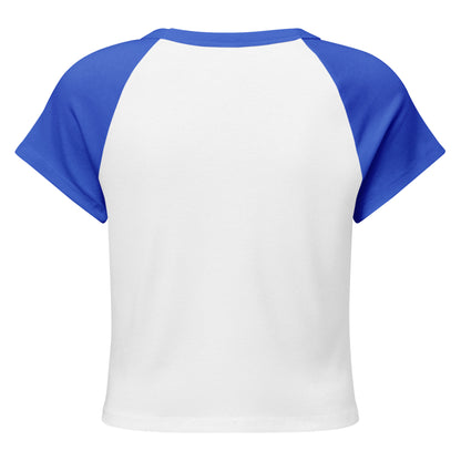 White t-shirt with blue sleeves on a white background
