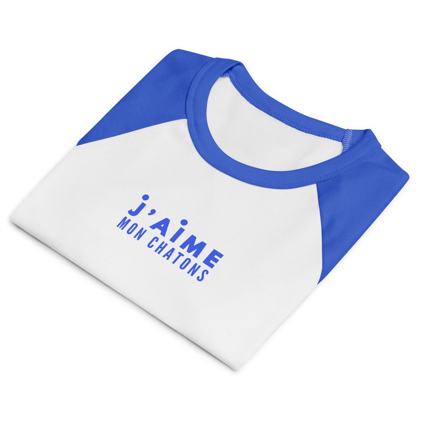White shirt with blue sleeves and 'j'aime mon chatons' text on a white background