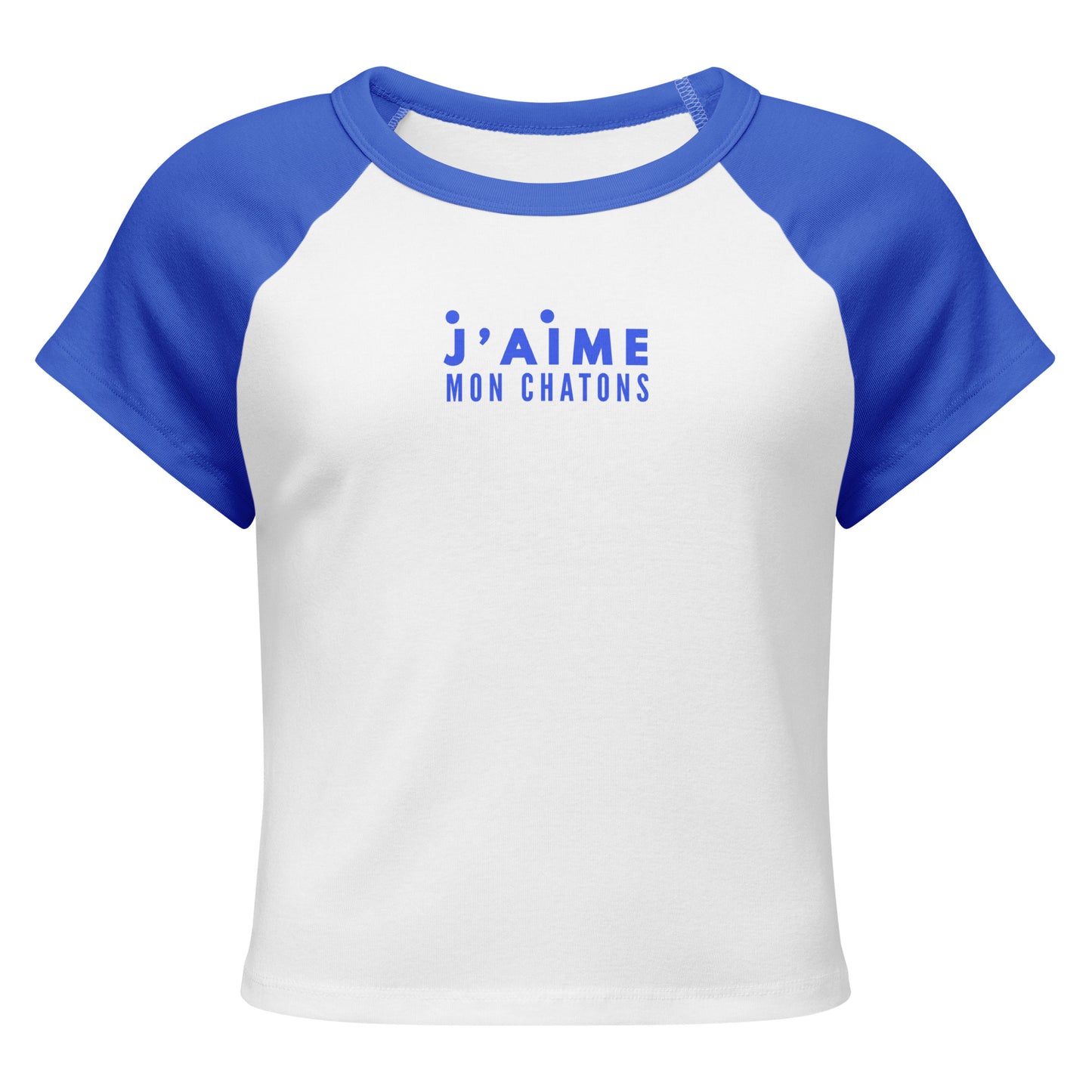 White t-shirt with blue sleeves and 'j'aime mon chatons' text on a white background